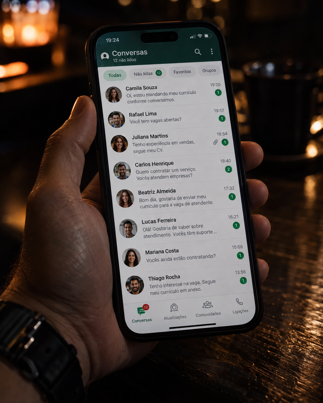 Tela do WhatsApp mostrando 12 mensagens não lidas: a maioria é de candidatos enviando currículos — 'Tenho experiência em vendas, segue meu CV', 'Você tem vagas abertas?' — misturada com um ou dois contatos reais de clientes. O volume parecia demanda. A interpretação estava errada.